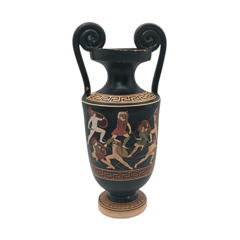Greek Urn Vase Handmade Red Clay Pottery Grecian Warriors Double Handles SEE